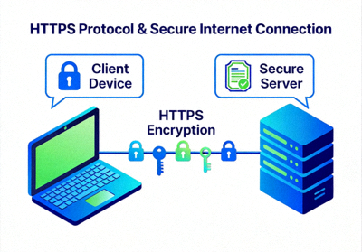 Ilustrasi grafis tentang protokol HTTPS dan koneksi internet yang aman