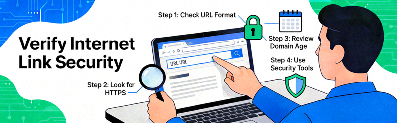 Ilustrasi grafis tentang memverifikasi keamanan sebuah tautan atau link di internet