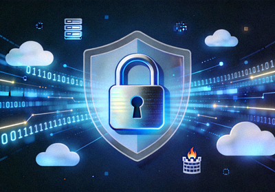 Ilustrasi konsep enkripsi data dan proteksi informasi digital dengan simbol gembok dan perisai