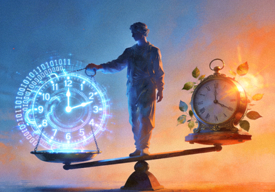 Ilustrasi metafora keseimbangan antara waktu di dunia digital dan kehidupan nyata