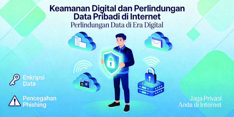 Ilustrasi grafis tentang keamanan digital dan perlindungan data pribadi di internet
