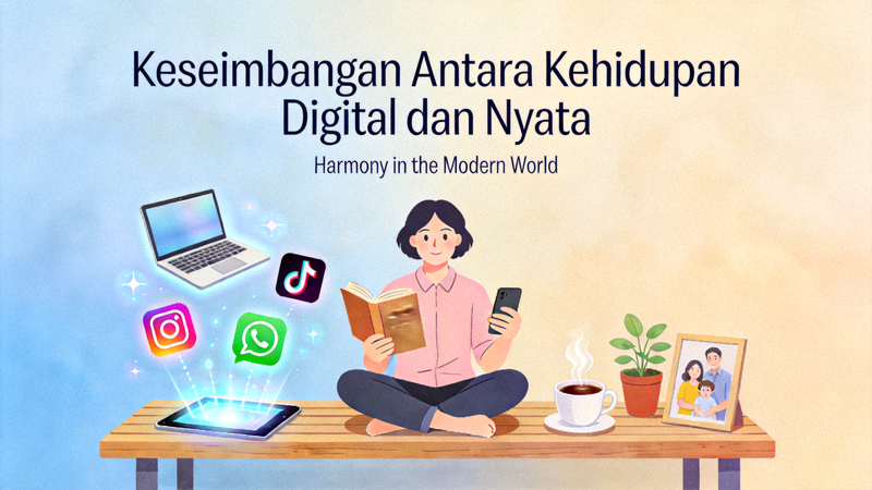 Ilustrasi tentang keseimbangan antara kehidupan digital dan kehidupan nyata